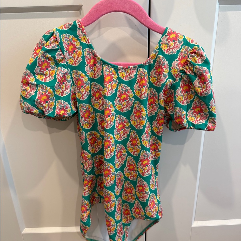 Girls Mini Boden Puff Sleeve Floral swimsuit in Teal and Pink